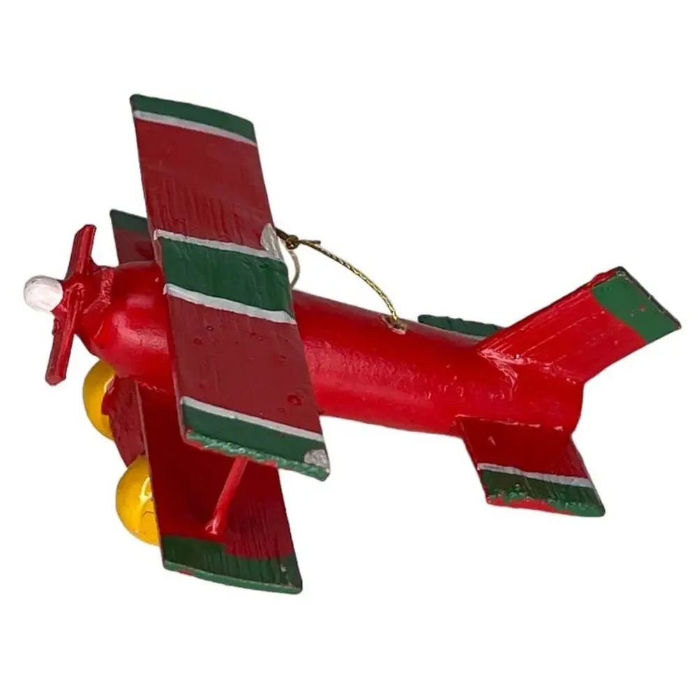 Vintage Wooden Airplane Ornament Red Green Folk Art Christmas Decor